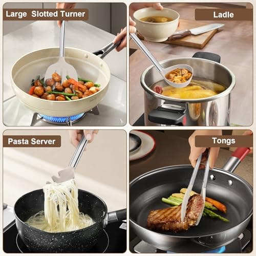 8 Pieces Kitchen Utensils Set, Vayvnt Silicone Cooking Utensils Set for Non-Stick Cookware, Stainless Steel Handle, Heat Resistant Kitchen Gadgets Includes Large Spatula Tongs, Dishwasher Safe, Khaki - Thumbnail 6