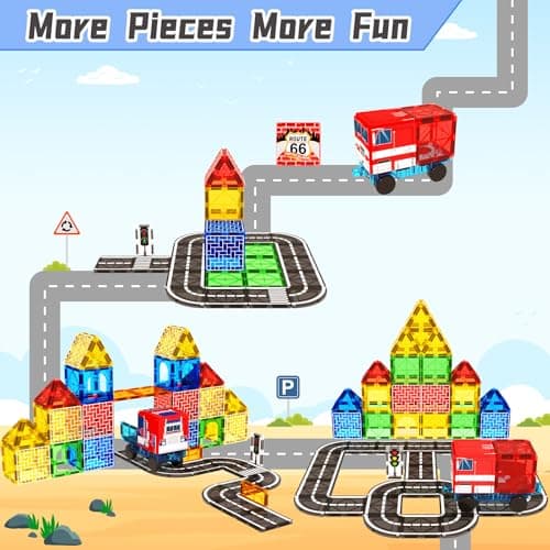 Magnetic Tiles Road Car Set, Toddler Magnetic Building Blocks Toys for 3 4 5 6 7 Year Old Boys Girls, Kids Montessori STEM Sensory Preschool Classroom Educational Learning Games Easter Birthday Gifts - Thumbnail 4