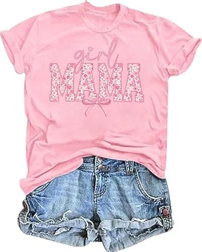 Mama Shirts for Women Boy Mom Shirt Girl Mama Tshirt Mom Era Mother Casual Graphic Short Sleeve Tops Pink - Image 1