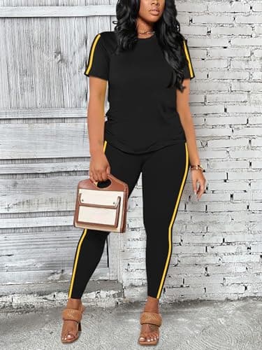 BNGPIKLY Women 2 Piece Outfits Blank Summer Tracksuit Set Short Sleeve Top Travel Long Pant Jogger Lounge Set BlackYellow S - Thumbnail 3