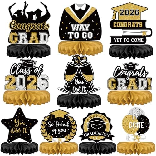 10Pcs Graduation Decorations 2026 Class of 2026 Congrats Grad Table Centerpieces Congratulate Graduation Honeycomb Table Toppers for Graduation Party Supplies 2026 Graduation Party Decorations Black - Image 1