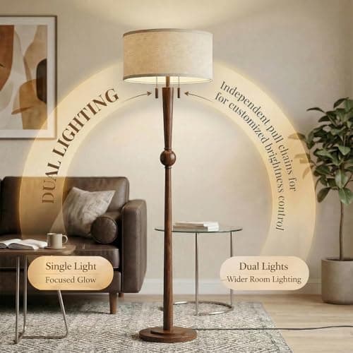 MOFFE 62.8" Solid Wood Floor Lamp,Tall Standing Floor Lamp with 2-Light Pull Chain, 17" Linen Drum Shade, Sculptural Wood Base & Stem,Transitional Floor Lamp for Living Room Bedroom, Includes 2 Bulbs - Thumbnail 5