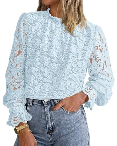 KIRUNDO Blouses for Women Dressy Casual Lace Long Sleeve Tops Mock Neck Ruffle Shirts 2026 Spring Fall Fashion Clothing(Blue, X-Large) - Image 1