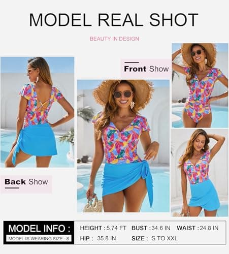 Dokotoo Sexy One Piece Swimsuit for Women Beach Floral Printed Swim Suits Fashion Padded Monokini Ruffle Short Sleeve Swimsuits One Pieces V-Neck Bathing Suits for Women 2026 Sky Blue XX-Large - Thumbnail 2