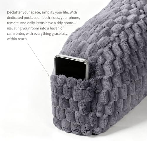 GRASS BROOK Faux Fur Reading Pillow with Pocket & Handle for Sitting in Bed, Ergonomic Back Support Bed Pillow for Lounging, Study & Relaxing, Gray 15.5 inches - Thumbnail 3