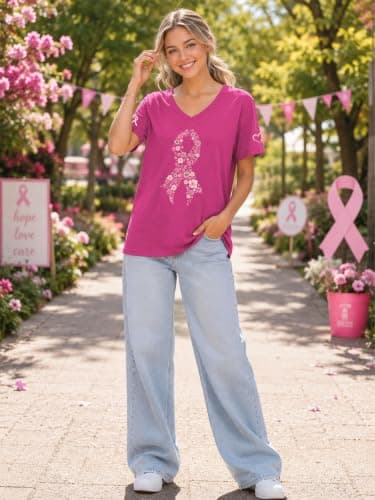 QIXYN Breast Cancer Shirts for Women Pink Ribbon Cancer Survivor Shirt - Thumbnail 2