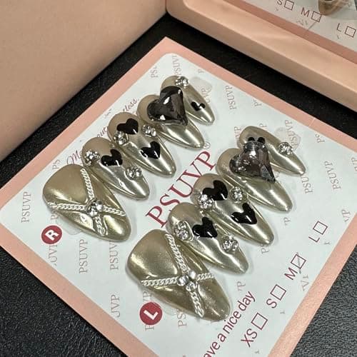 10 pcs Handmade Press on Nails,Silver metal chain Cat Eye Black Fake Nails,The effect is just like a salon manicure French Reusable Full Cover Salon Grade Manicure Almond Size M