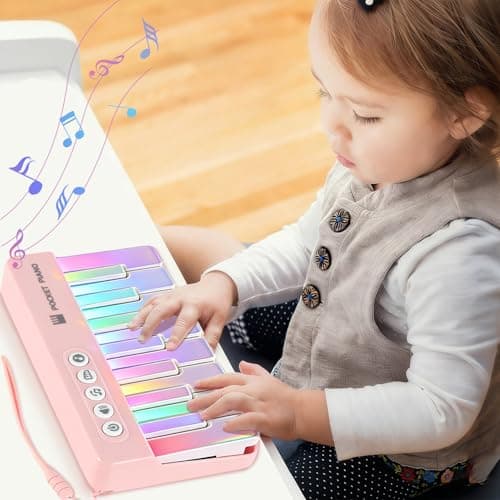 Kids Mini Piano Toy - Portable 15-Key Keyboard with Rainbow Lights, Toddlers Musical Instrument Learning Toys Birthday Gift for Ages 2-6 Boys & Girls (Pink)