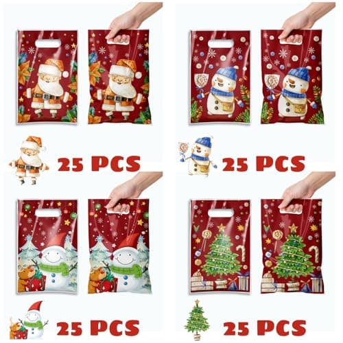 TESKEUP Christmas Gift Bags with Handles - 100 Pcs Christmas Treat Goodie Bags, Plastic Small Xmas Favor Bags Bulk for Candy Cookies Snacks Xmas Holiday Party Favors Supplies - Thumbnail 2