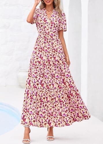 KIRUNDO Womens Summer Floral Maxi Dress Short Sleeve V Neck Boho Long Flowy Casual A Line Dresses 2026 Beach Vacation Outfits(Purple Flower, Medium) - Thumbnail 2