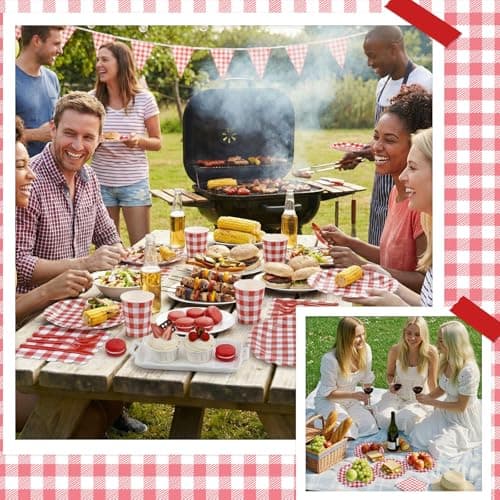 NatNarr 30 Pcs Red Gingham Plates, 9 Inch Scalloped Camping Plaid Dessert Dinner Party Plates Red and White Gingham Party Supplies for Picnic, Bbq Party, Graduation - Thumbnail 5