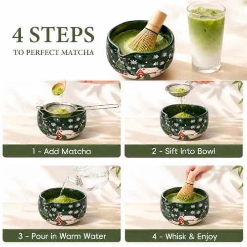 HUSHHAVN Christmas Gifts Matcha Whisk Set, Ceramic Matcha Set Includes Bowl & Holder, Bamboo Whisk (Chasen), Scoop, Spoon and Sifter, 6PCS Matcha Kit Covers Everything Needed for Making Matcha - Thumbnail 4