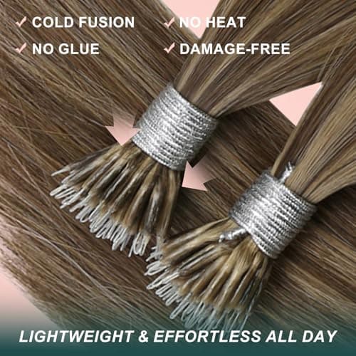 Easyouth Nano Hair Extensions Human Hair Highlight 18 Inch 50G, Nano Beads Extensions Human Hair Medium Brown Highlight Caramel Blonde, Nano Ring Beads Hair Extension Add Volume for Women, 50S - Thumbnail 4