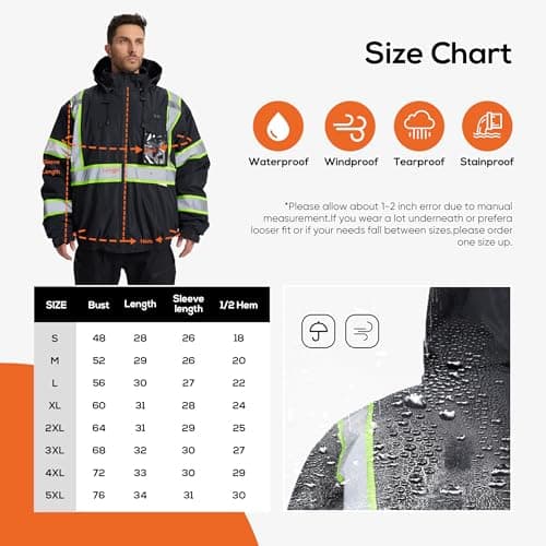 SRsafety Safety Heated Jacket,Waterproof Safety Jacket for Men with Pockets, Reflective High Visibility Safety Heated Jackets - Thumbnail 5