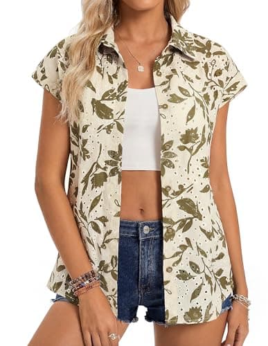 GRACE KARIN Floral Eyelet Spring Summer Tops for Women,2026 V Neck Dressy Casual Shirts,Boho Button Down Short Sleeve Blouses Army Green XL - Image 1
