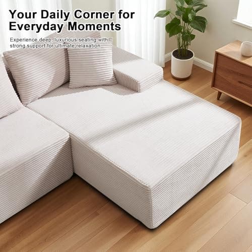 105" Cloud Modular Sectional Couch with L-Shape Chaise, Upholstered Corduroy Couches for Living Room, No Assembly Required Deep Seat Boneless Sofa (Beige, Right Facing Chaise) - Thumbnail 5