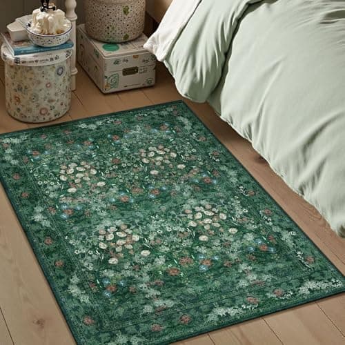 Green Cottagecore Washable Floral Rugs for Entryway - 2x3 Small Vintage Throw Rugs for Kitchen, Bathroom, Laundry, Indoor Entrance - Low Pile Non Slip Thin Rug, Boho Distressed Front Door Floor Mat - Thumbnail 3