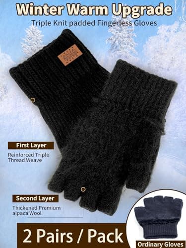 JYUYNY Fingerless Gloves for Women Men, Winter Warm Alpaca Wool Stretch Knit Adult Half Finger Glove for Typing, Driving (Black, White) - Thumbnail 2