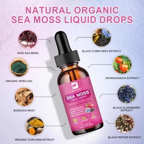 B BEWORTHS Sea Moss Liquid Drops - Black Seed Oil & Irish Sea Moss Gel with Burdock Root Bladderwrack, Elderberry, Spirulina, Seamoss Supplement for Energy Booster, Digestive Health - 4 Fl Oz, Vegan - Thumbnail 2
