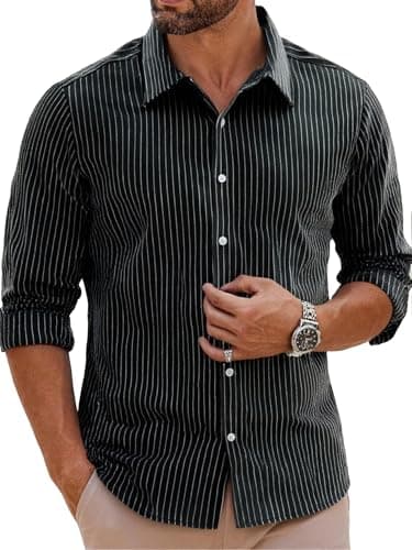 BAYAMO Men's Button-Down Striped Shirts Long Sleeve Cotton Linen Casual Cardigan Shirts Fashion Business Dress Collared Shirt Black XXL - Image 1