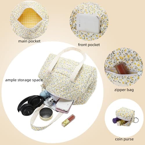 Molly Moon Top Zipper Floral Quilted Duffle Bag for Women, Yellow Quilted Small Floral Tote Bags with Coin Purse, Cute Cotton Shoulder Bag for Travel, Work, School - Thumbnail 3