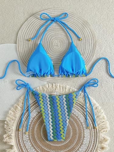 ZAFUL 2 Piece Triangle Bikini for Women Knitted Rope Halter Bikini Sets Sexy Bathing Suit Side Tie Swimsuits Beachwear Blue M - Thumbnail 2