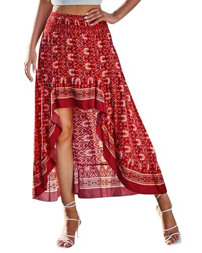 BTFBM Women 2026 Spring Summer Long Skirts Dress Boho Floral Elastic Waist Split Ruffle High Low Beach Maxi Skirt Clothes(X - Floral Red, Large) - Image 1