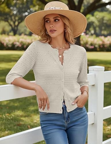 GRACE KARIN 3/4 Sleeve Cardigan Sweaters for Women Button Down Lightweight Summer Cardigan Open Front Crop Jacket Beige XL - Thumbnail 2