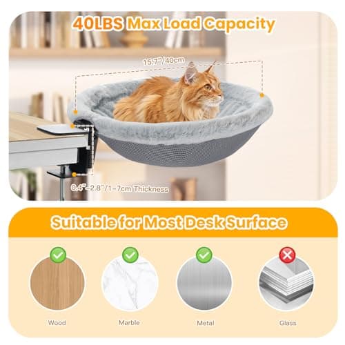 Pawaboo Cat Desk Bed, Sunken Cats Hammock with Steel Clamp Hold up to 40lbs, One-click Foldable Cat Side Table Beds with Soft Plush, Reversible & Washable Hanging Cats Bed for Game Office Home Desktop - Thumbnail 6