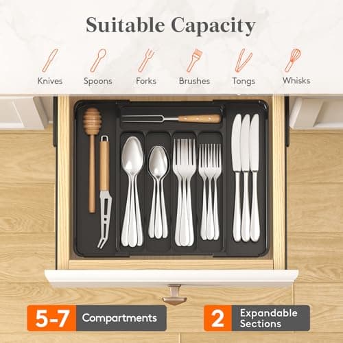 Lifewit Silverware Organizer for Drawer, Expandable Utensil Tray, BPA-Free Adjustable Cutlery Holder for Kitchen Storage, 8.1-13.9 x 11.3, Black - Thumbnail 3