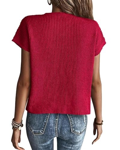 KIRUNDO Summer Fall Short Sleeve Sweater for Women 2026 Casual Sweater Vest Cotton Knit Pullover Tank Tops Fashion Clothing(Red, Medium) - Thumbnail 2