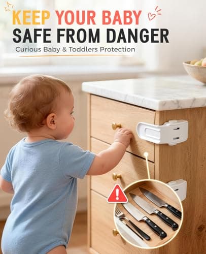 Maveek Baby Safety Drawer Lock - 4 Pcs Upgraded Baby Proofing Locks, One Hand Operation Infant Latches For Corner Drawers, Kitchen Cabinets, No Drill Child Proofing Kit (White) - Thumbnail 5