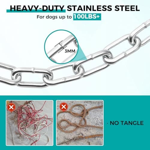 Libbipaw Heavy Duty 15FT Galvanized Dog Chain for Yard, Chew Proof Rust Resistant Tie Out Cable with 360° Swivel Hook, Tangle Free Runner Leash for Dogs up to 100lbs (3MM 15FT) - Thumbnail 3