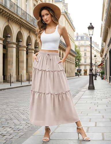 Aprolive Womens Boho Maxi Skirt Drawstring High Waist A-Line Skirt Pleated Ruffle Long Skirts Summer Casual Vacation Outfits(1-Tan,Small) - Thumbnail 2