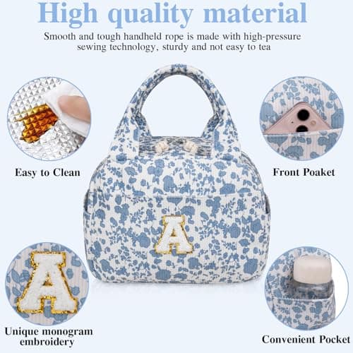 Large Lunch Bag for Women Men Cute Corduroy Lunch Tote Bags Reusable Lunch Box Adult Leakproof Portable Cooler Bag for Work Picnic or Travel Use (BlueWhite C) - Thumbnail 4
