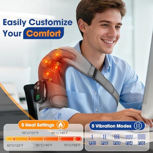 Cordless Shoulder Heating Pad with Vibration,Rotator Cuff Pain Relief Pad with 4 Motors & Larger Heating Area, 5 Heat & Vibration Modes & 3Timer, Shoulder Massager - Thumbnail 6
