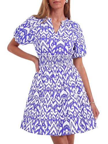 BTFBM Summer Mini Dresses for Women 2026 Ruffle Short Sleeve Elastic Waist Floral Beach Vacation Wedding Guest Dress(Floral Sky Blue, X-Large) - Image 1