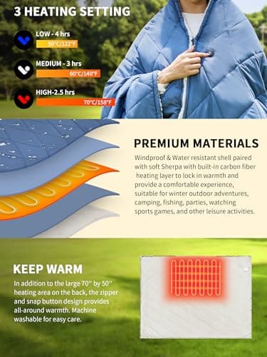 Heated Blanket Battery Operated,12V Heated Shawl Throw Blanket,Cordless heating pad with 15000 battery,Wearable Heated Blanket,Sherpa Lining,3 Heating Set for Car,Camping,Backpacking,Hiking,Travel - Thumbnail 3