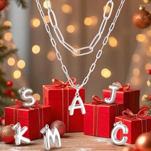 adoyi Valentines Day Gifts Silver Initial Necklace for Women 14k Gold Plated Layered Bubble Letter Necklaces Trendy Jewelry Chain Name B Pendant Necklace Stack Birthday Valentines Day Gifts - Thumbnail 3