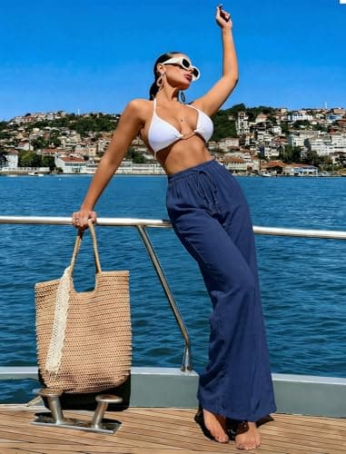 LOOKBOHO Pants for Women Hawaiian Casual Elastic Waist Wide Leg Pants with Pockets Navy Blue M - Thumbnail 3