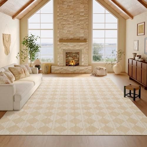 Washable Rug 8x10 – Soft Textured Area Rug with Non-Slip Backing, Modern Luxury Checkered Design, Machine Washable Carpet Perfect for Living Room, Bedroom, and Dining Room, Beige - Image 1