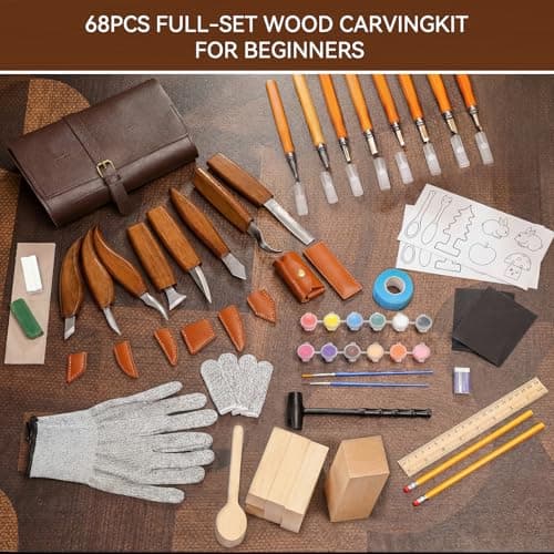 VMYTH Wood Carving Kit, 68PCS Complete Whittling Kit with Leather Storage Bag,16 Carbon Steel Knives, 8 Basswood Blocks & Paint,Ideal Wood Carving Set for Beginners,Enthusiasts Gift DIY - Thumbnail 2