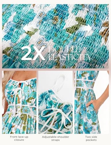 GRACE KARIN 2026 Women's Summer Maxi Floral Dress, Spaghetti Strap Tie Front Boho Sundress with Pockets, Green L - Thumbnail 4