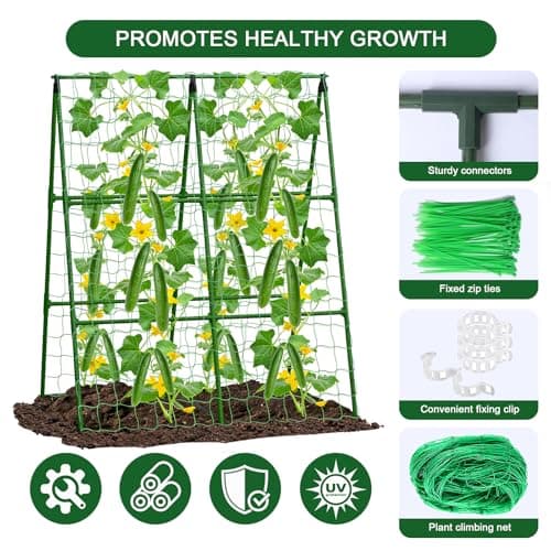 2-Pack A-Frame Cucumber Trellis for Raised Bed - 33"x47" Foldable Garden Trellis with Net & Clips|Space-Saving Metal Plant Support for Cucumber, Tomato, Peas|Rust-Proof Outdoor Climbing Plants Trellis - Thumbnail 6