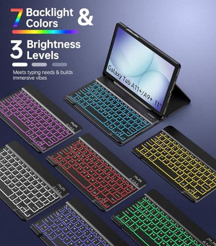 MoKo for Samsung Galaxy Tab A11 Plus/A9 Plus 11" Case with Keyboard & Mouse (2026/2023) - 7 Color Backlit Detachable Wireless Keyboard Cover with S Pen Holder for Galaxy Tablet A11+/A9+ Case, Black - Thumbnail 4