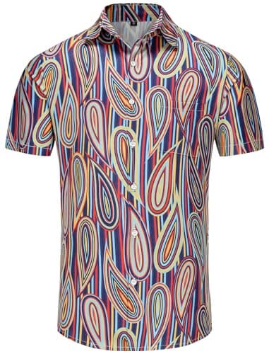 KYKU Neon Striped Shirt Psychedelic Shirts for Men Button Down Short Sleeve with Pockets, Colourful Geometric, S - Thumbnail 3