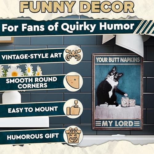 Funny Cat Bathroom Sign – “Your Napkin My Lord” 12 x 8 inch Tin Sign, Rustic Black Cat Wall Decor for Home, Farmhouse Bathroom Metal Plaque, Vintage Cat Wall Art for Toilet or Guest Bath - Thumbnail 5