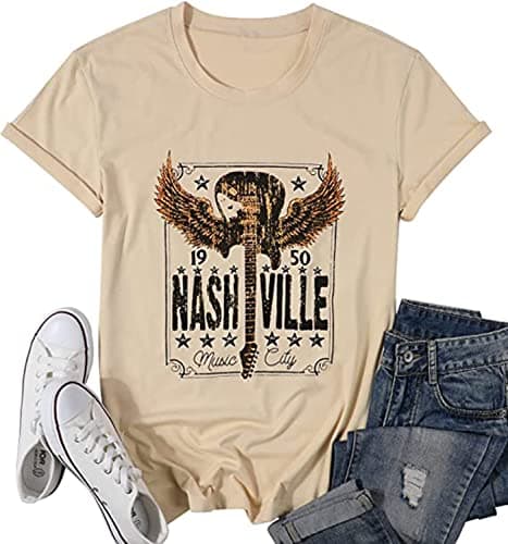 Womens Nashville Shirts Country Music Concert Tshirts Vintage Graphic Short Sleeve Tees for Women Beige S - Thumbnail 4