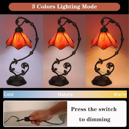 FILIUTF Stained Glass Table Lamp, Orange-Red Flower Style Metal Leaf Base Desk Reading Light, Adjustable 3 Color Temperature Decor for Bedroom Home Office - Thumbnail 5