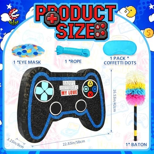 Large Video Game Controller Pinata with Stick and Blindfold - Heavy Duty Gamepad Pinata for Boys Birthday Party Supplies - Level Up Gamer Themed Party Decorations and Interactive Games - Thumbnail 4